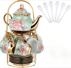 20 Piece Ceramic Tea Set Floral Design – European Afternoon Tea Service with Teapot, Cups, Saucers & Metal Stand – Blooming Style, Gift for Tea Lovers