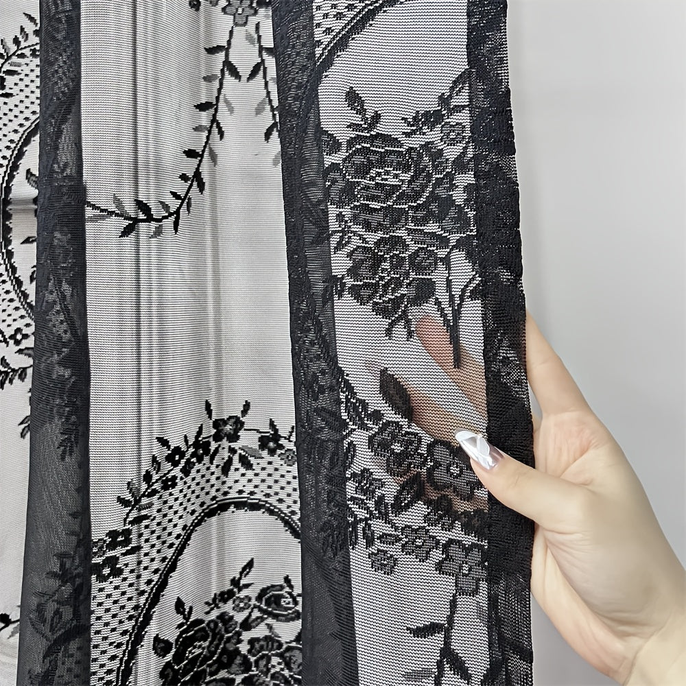 French Lace Curtains 2 Panels - Romantic European Retro Embroidery Floral Semi-Sheer Rod Pocket Drapes, 57" Wide Light Filtering Window Curtains for Living Room Bedroom Balcony, White Green Black