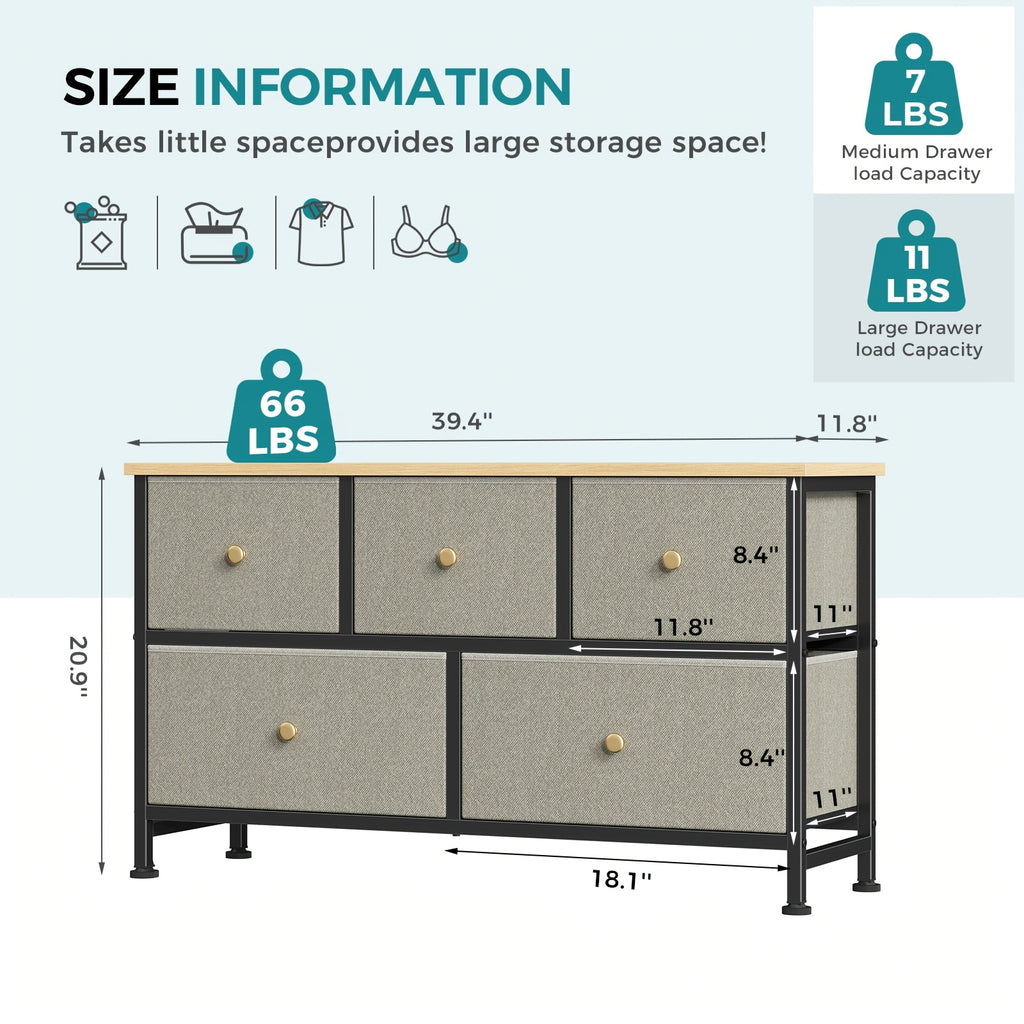 5-Drawer Wide Dresser with Fabric Bins – Freestanding Wood Frame Chest of Drawers, Low Profile Compact Storage Organizer for Bedroom, Hallway, Living Room & Closet, Space-Saving Furniture in Khaki/Green