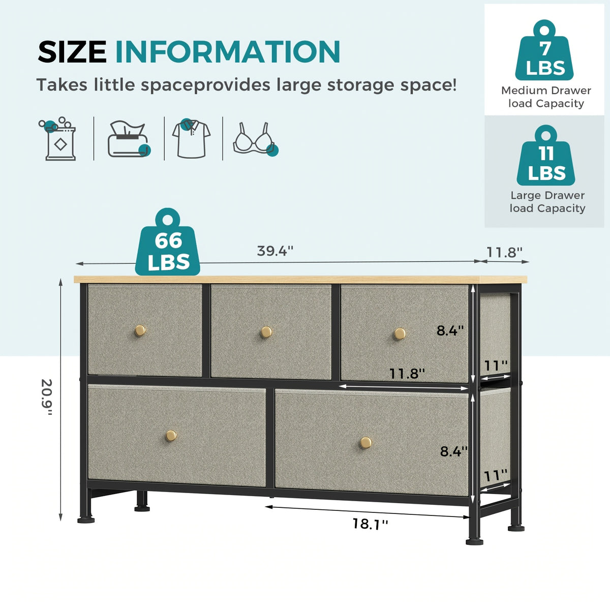 5-Drawer Wide Dresser with Fabric Bins – Freestanding Wood Frame Chest of Drawers, Low Profile Compact Storage Organizer for Bedroom, Hallway, Living Room & Closet, Space-Saving Furniture in Khaki/Green