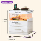 LED Nightstand with Charging Station USB Ports Outlets High Gloss Adjustable LED Lights 2 Storage Drawers Wood End Table Bedroom Living Room White Black 1pc or 2pcs