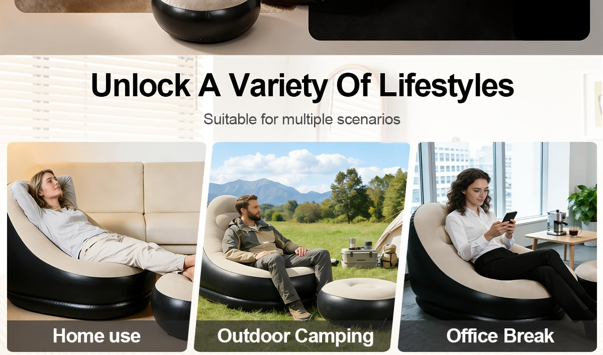 Inflatable Lounge Chair Recliner with Footrest & Foot Pump – Portable Air Sofa Couch for Living Room, Camping, Travel & Balcony, Space-Saving Indoor Outdoor Lounger (6 Colors)