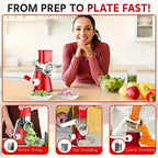 3-in-1 Manual Rotating Cheese & Vegetable Slicer with Interchangeable Drum – Handheld Stainless Steel Grater, Peeler & Chopper for Potatoes, Carrots, Cheese | Camping & Kitchen Use