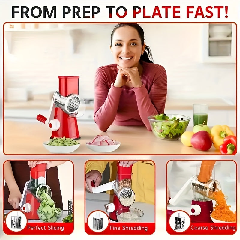 3-in-1 Manual Rotating Cheese & Vegetable Slicer with Interchangeable Drum – Handheld Stainless Steel Grater, Peeler & Chopper for Potatoes, Carrots, Cheese | Camping & Kitchen Use