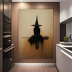 Witch Silhouette Framed Canvas Wall Art – Minimalist Gothic Beige & Black Broomstick Print, Spooky Halloween Decor for Living Room & Bedroom, Multiple Sizes Available