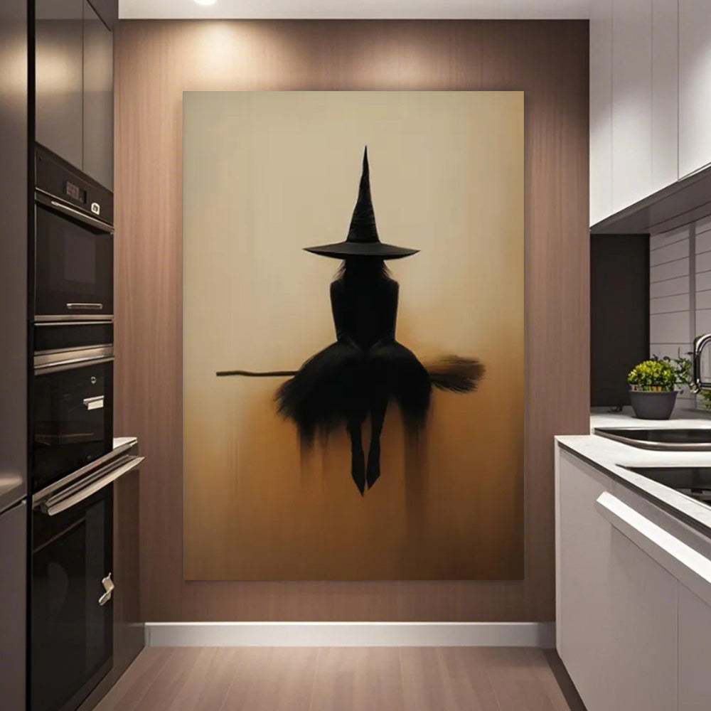 Witch Silhouette Framed Canvas Wall Art – Minimalist Gothic Beige & Black Broomstick Print, Spooky Halloween Decor for Living Room & Bedroom, Multiple Sizes Available