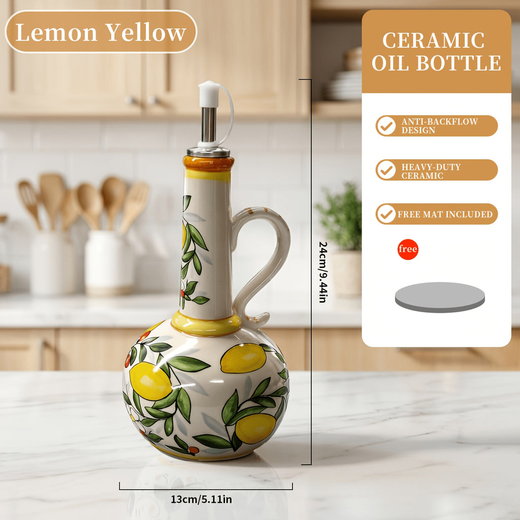Hand-Painted Ceramic Oil & Vinegar Dispenser Set, Anti-Drip Leak-Proof Underglaze Kitchen Condiment Bottles with Oil Spout & Foot Pad, Artisan Table Serveware, Great Housewarming Gift