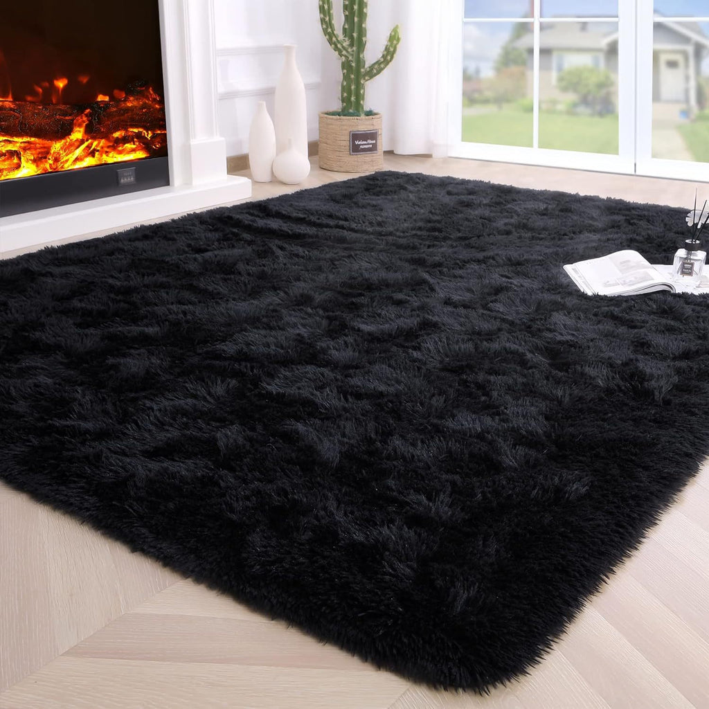 Black Fluffy Shag Area Rug Thick Soft Fuzzy Bedroom Rug Living Room Carpet 4x6 5x8 6x9 8x10 Ft Cute Room Decor