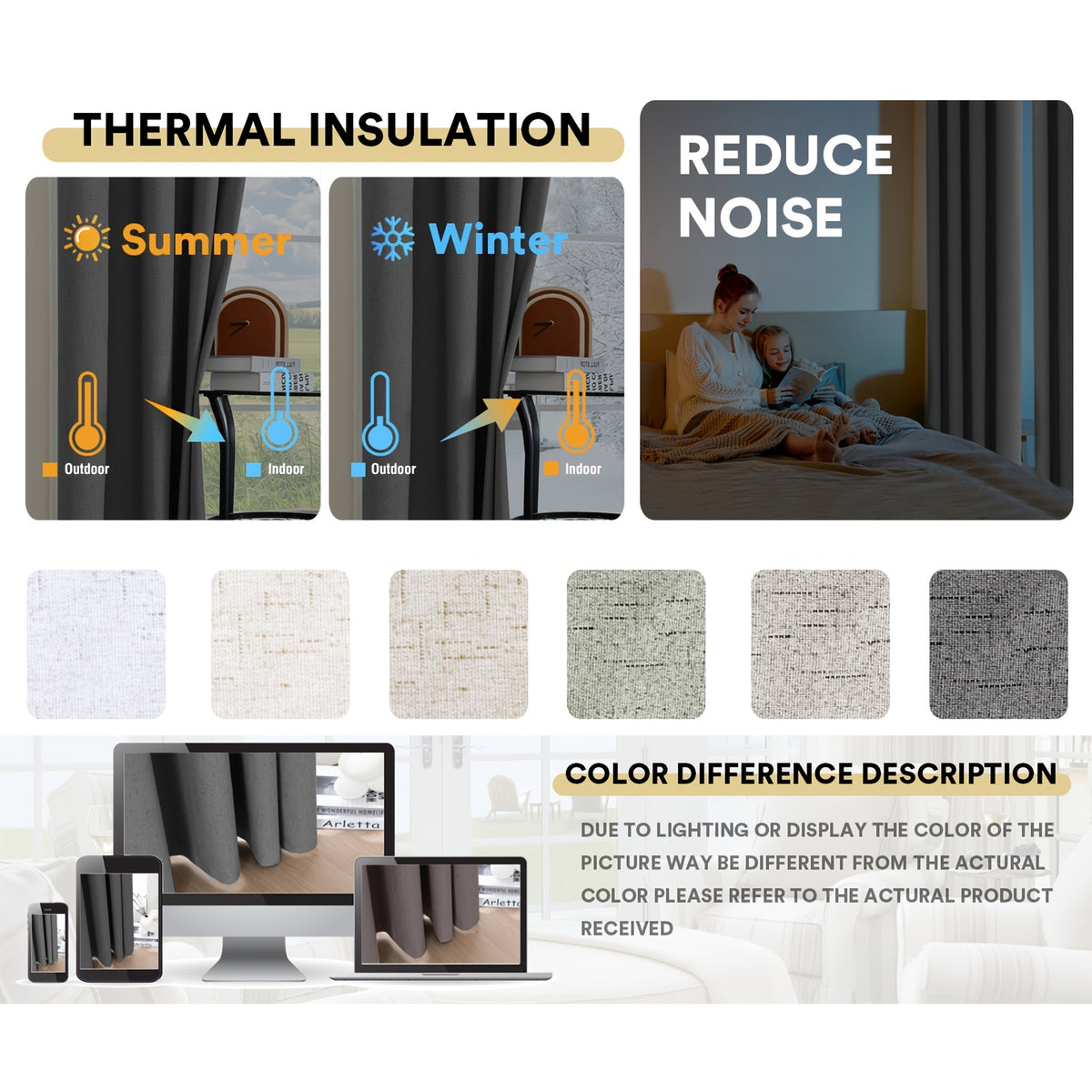 Linen Textured Blackout Curtains 4 Panels – 100% Room Darkening Thermal Insulated Grommet Drapes, Noise Reducing Window Curtains for Bedroom Living Room, 52W x 63/84/95 Inch