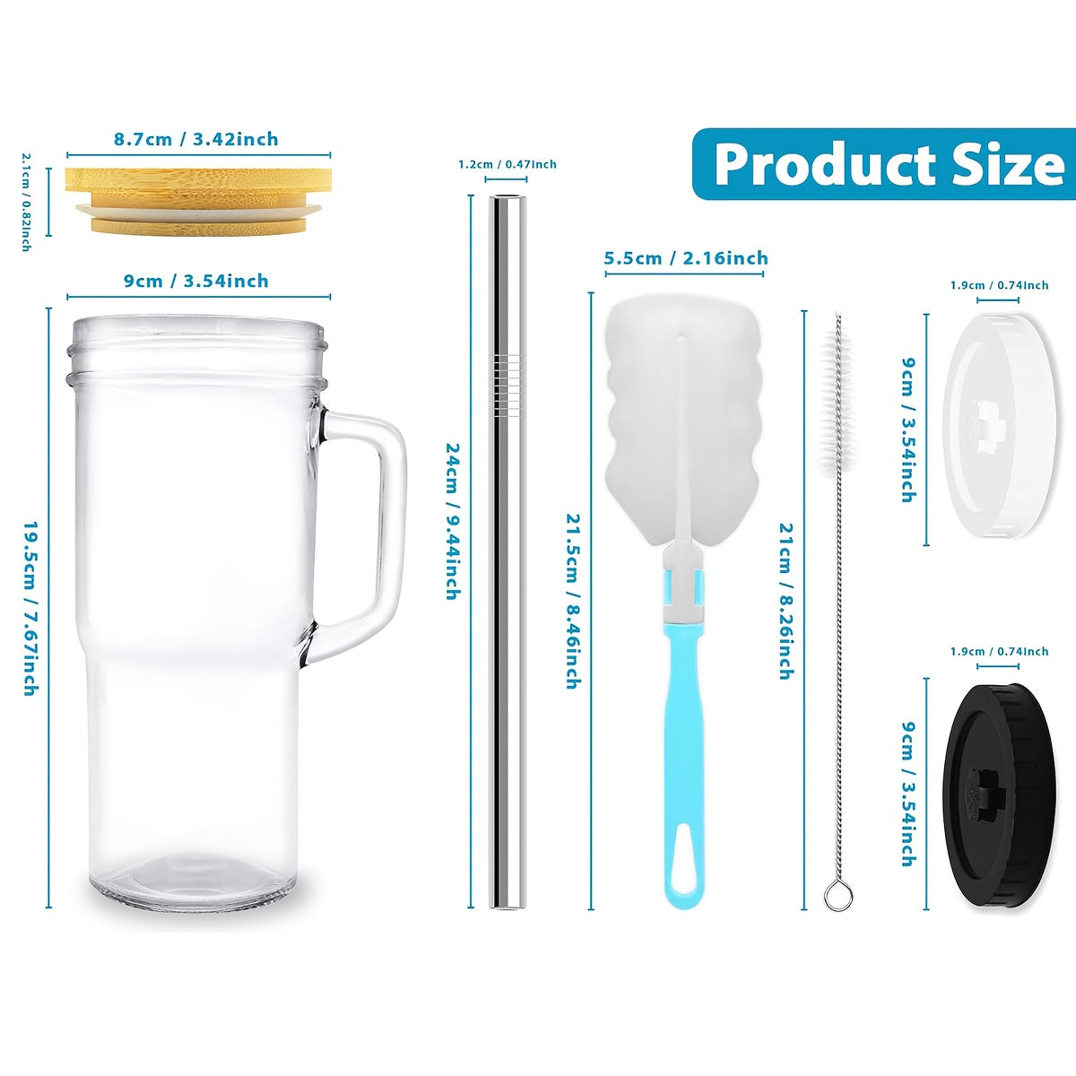 Glass Cup with Lid and Straw 24oz Large Handle Tumbler for Iced Tea Coffee – Set of 2 or 4 with Cleaning Brushes Holiday Gift