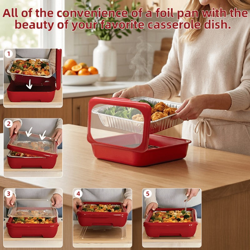 Reusable Food Storage Tray Set 4PCS 2-in-1 Plastic Serving Tray with Foil Trays – Holiday Party Containers for Christmas, Thanksgiving, BBQ & Outdoor Gatherings, White, Red & Black