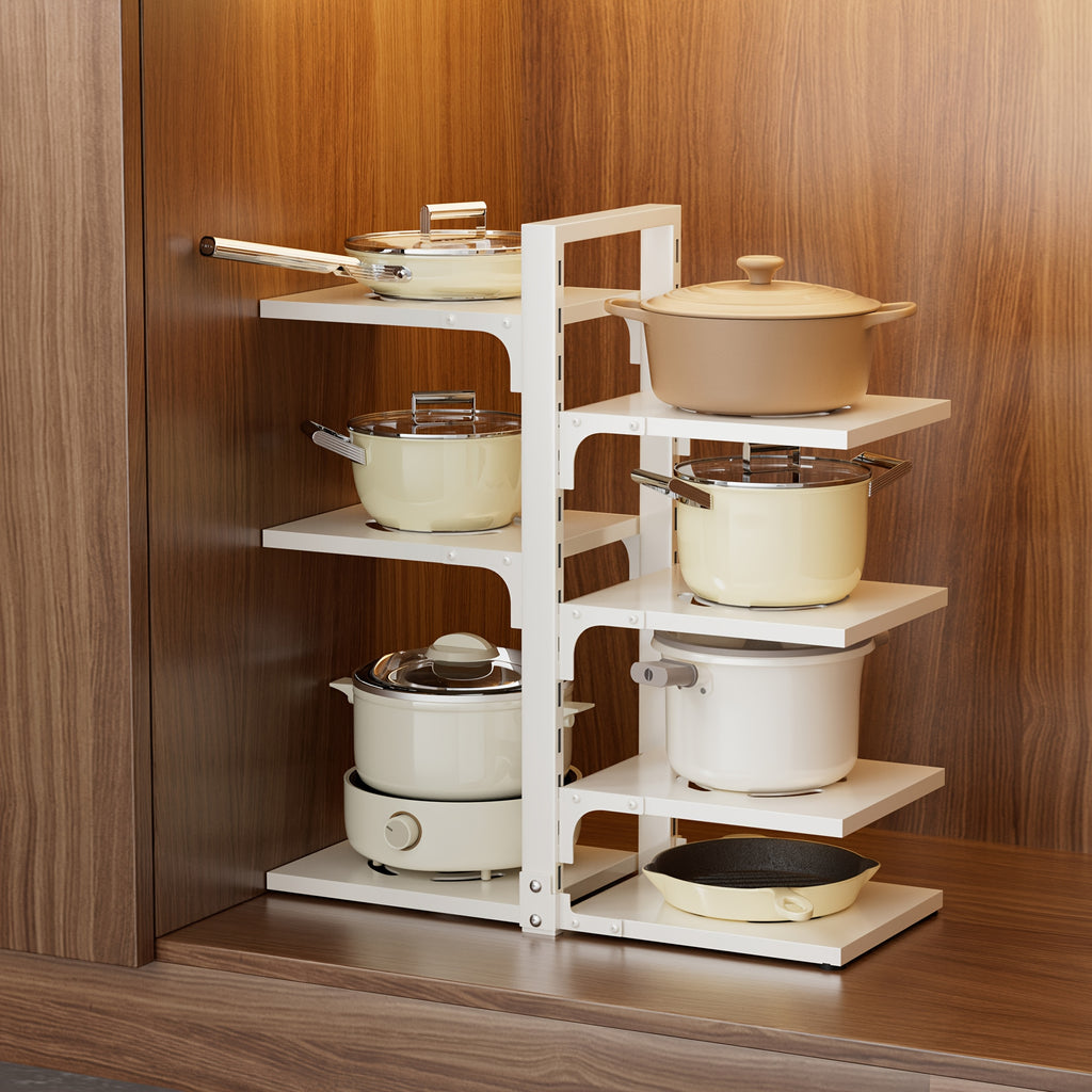 Kitchen Pot Rack Organizer – Multilayer Adjustable Metal Pan Holder, Cutting Board Storage, Detachable Shelves, Space-Saving Countertop Rack for Pots, Pans & Lids