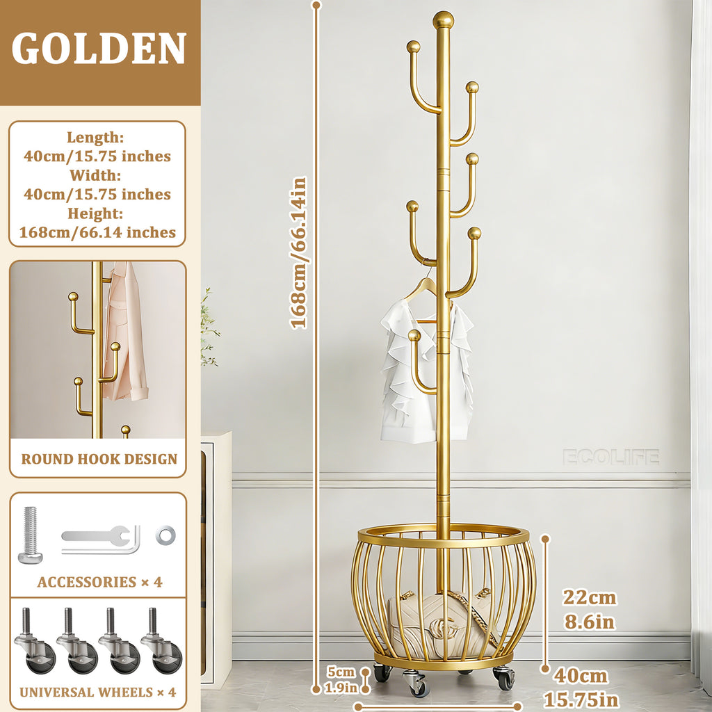 Rotating Coat Rack with Storage Basket and 6 Hooks 4 Wheels Freestanding Entryway Organizer for Coats Hats Bags