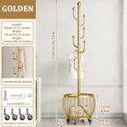 Rotating Coat Rack with Storage Basket and 6 Hooks 4 Wheels Freestanding Entryway Organizer for Coats Hats Bags