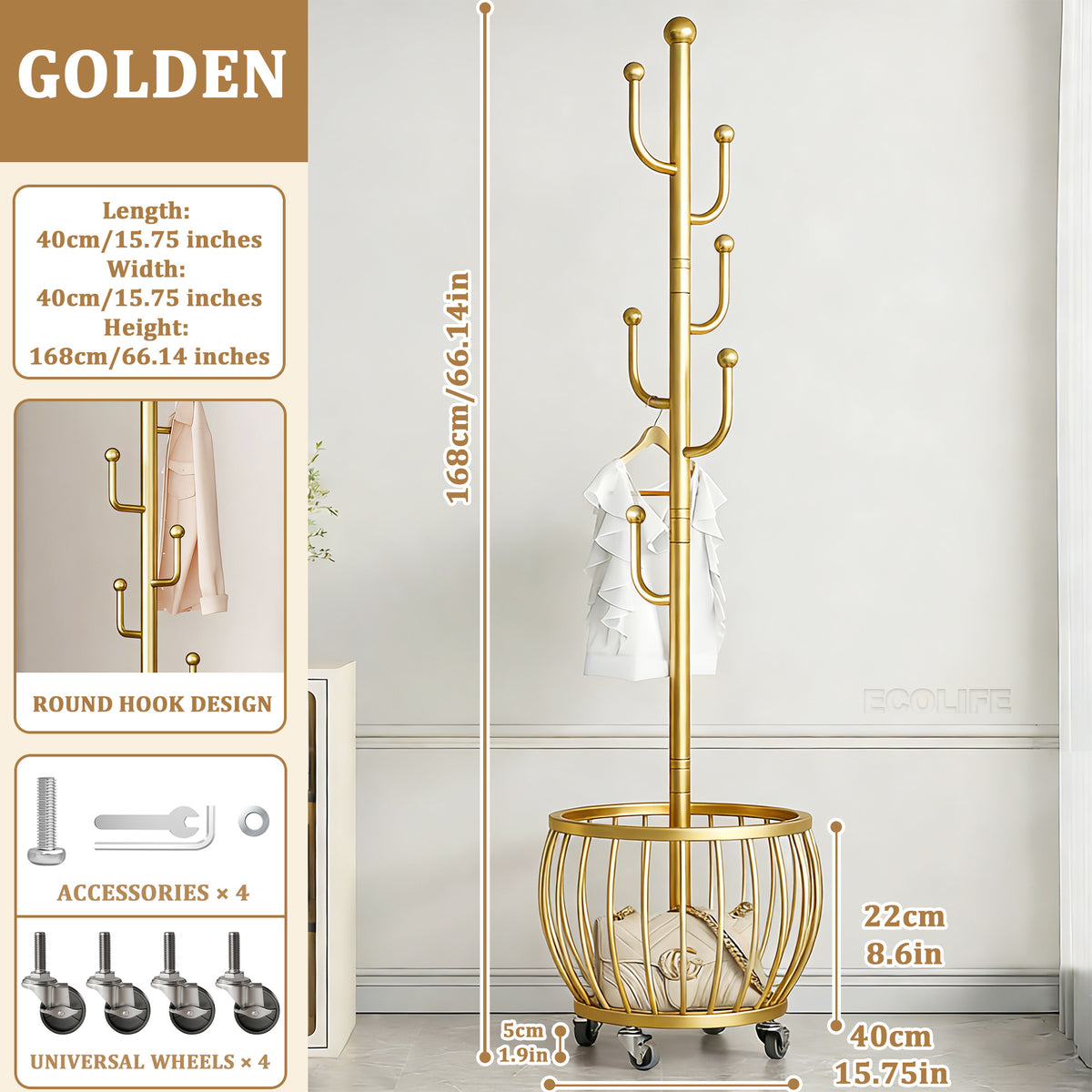 Rotating Coat Rack with Storage Basket and 6 Hooks 4 Wheels Freestanding Entryway Organizer for Coats Hats Bags