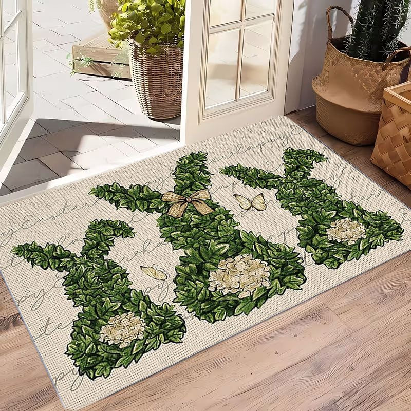 1pc Indoor Entrance Welcome Doormat Outdoor Mat Green Bunny Topiary with Bow and Butterfly Print Pattern Flannel Material Nonslip Comfortable Easy Clean Perfect for Bedroom Living Room or Home Decor Door Mat Ideal Gift for Friends & Family Easter
