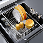 Stainless Steel Over-the-Sink Dish Drying Rack & Colander Strainer Basket with Expandable Grip – Heavy-Duty Sink-Mounted Dish Drainer for Vegetable Washing & Space-Saving Kitchen Organization