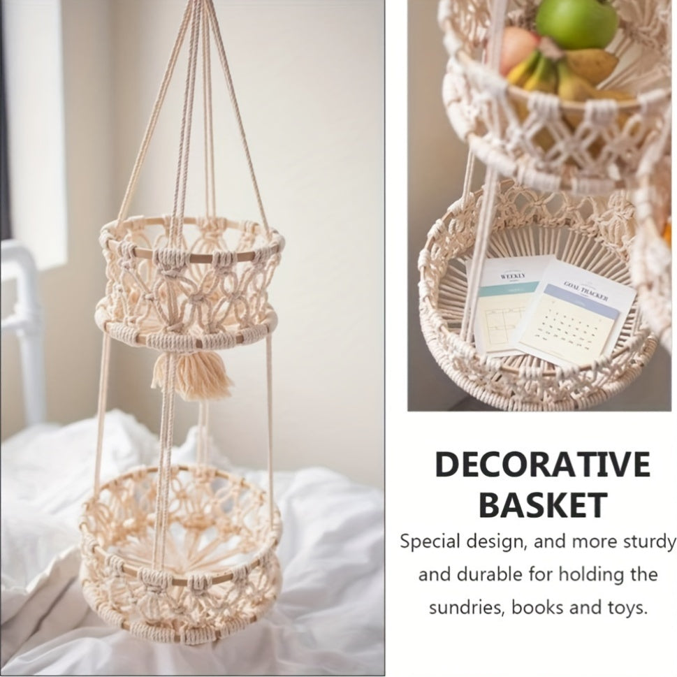 Macrame Hanging Fruit Basket 1/2/3-Tier Boho Wall Storage – Bohemian Hanging Basket for Fruits, Vegetables & Indoor Plants, Kitchen & Home Decor