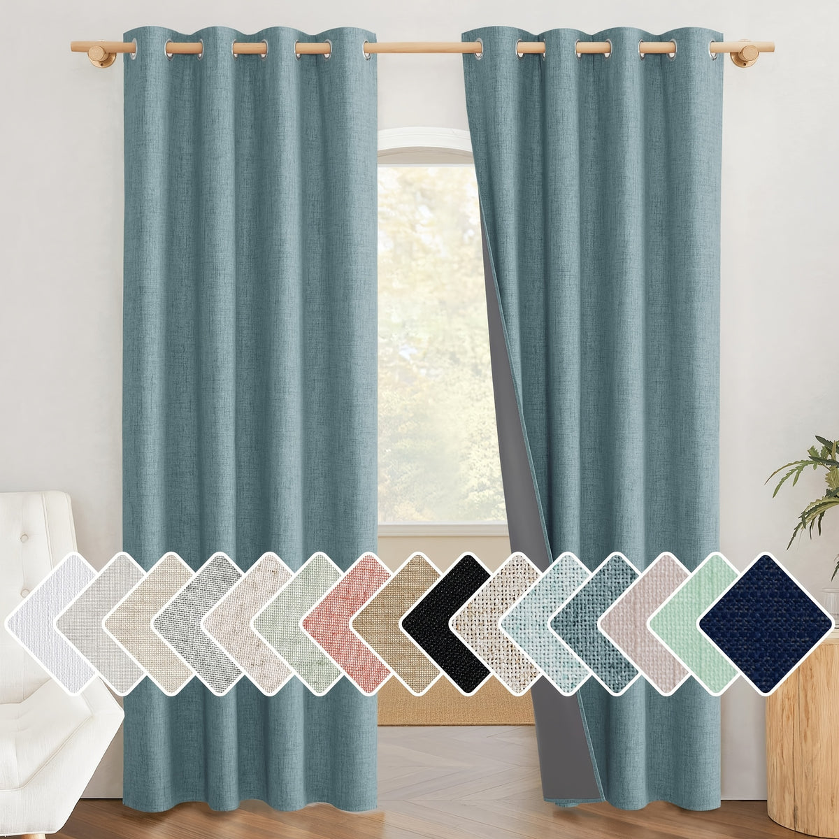 Linen Blackout Curtains 2 Panels 100% Farmhouse Grommet Top – Thermal Insulated Thick Window Drapes for Living Room Bedroom, 11 Colors 6 Sizes