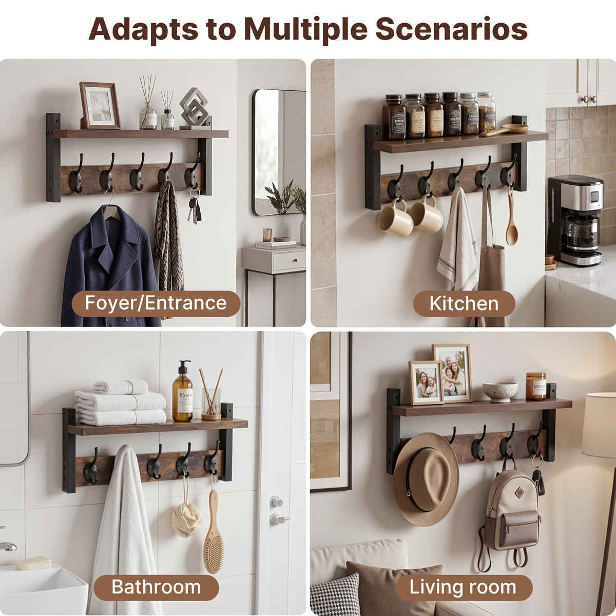 Wall Mounted Coat Rack with Shelf & Hooks – Heavy Duty Industrial Metal Entryway Organizer, Rustproof Multi-Hook Storage for Hallway Mudroom Porch, No Assembly