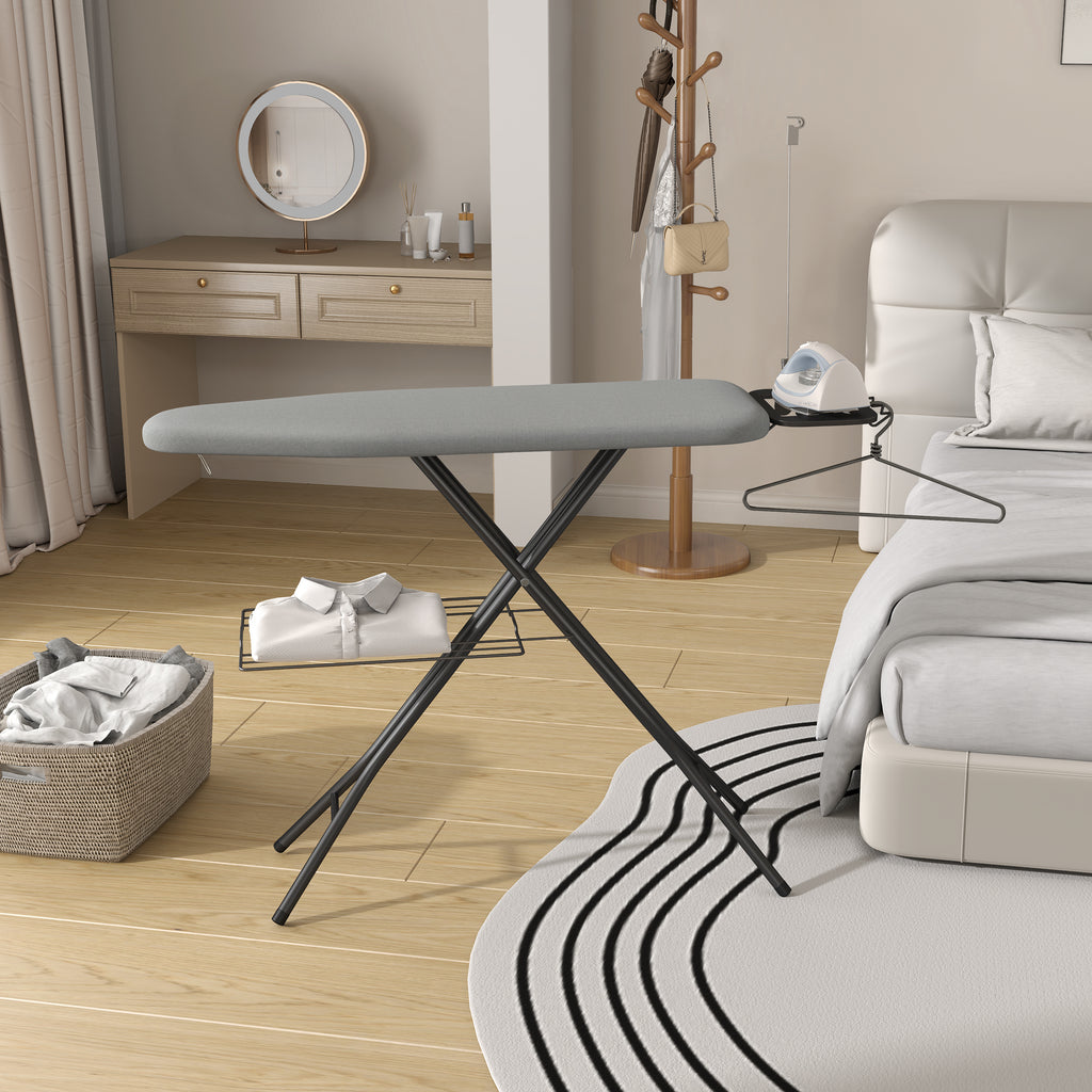 Full-Size Foldable Ironing Board Height-Adjustable – Heavy-Duty Steel Legs, 4-Layer Padding, Iron Rest, Cord Holder & Storage Rack for Laundry Room, Living Room & Dorm | Beige & Gray