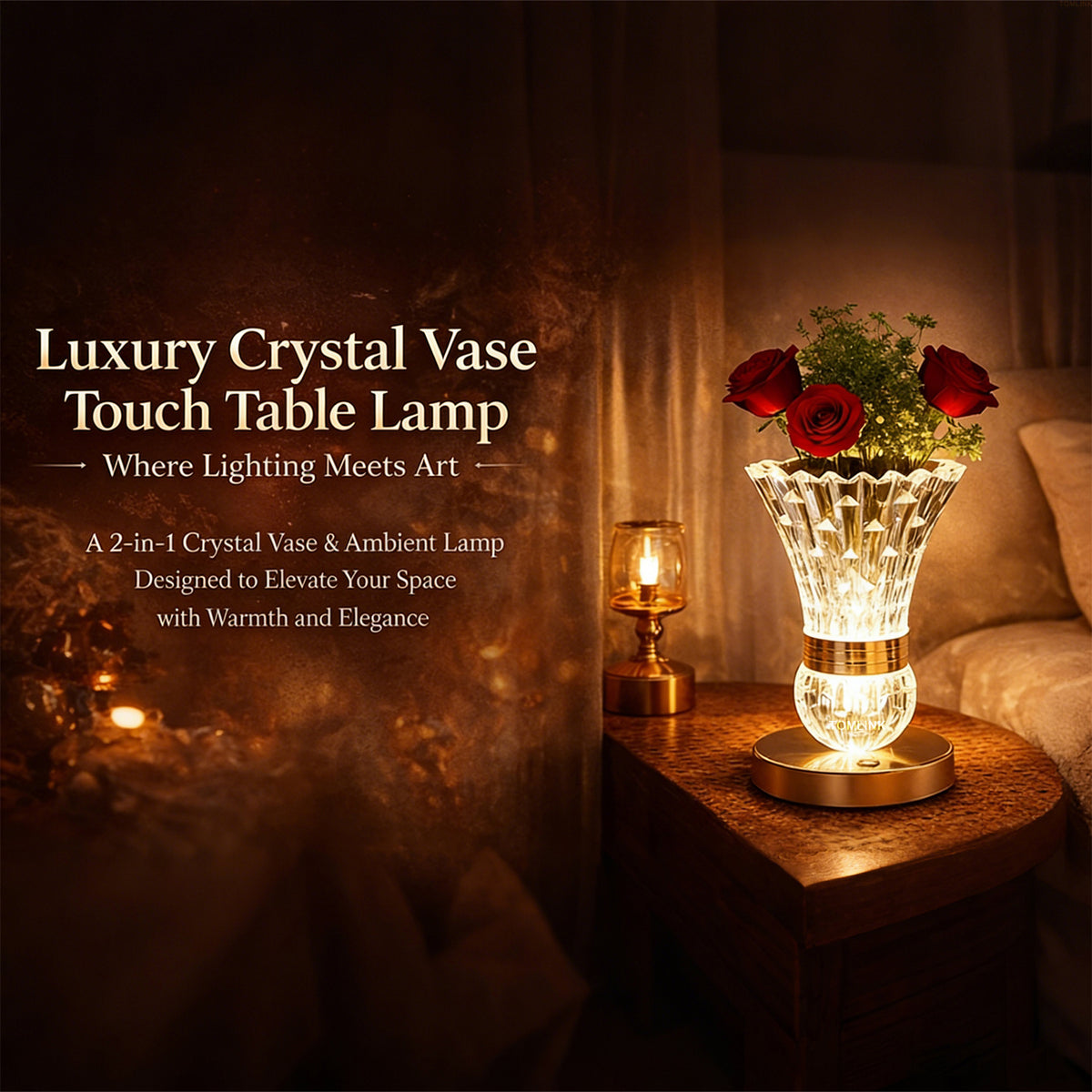 Crystal Table Lamp 2-in-1 Vase & Ambient Light USB Rechargeable Cordless Dimmable Touch Control 3 Color Modes - Bedside Nightstand Desk Lamp for Bedroom Living Room Home Office Decor