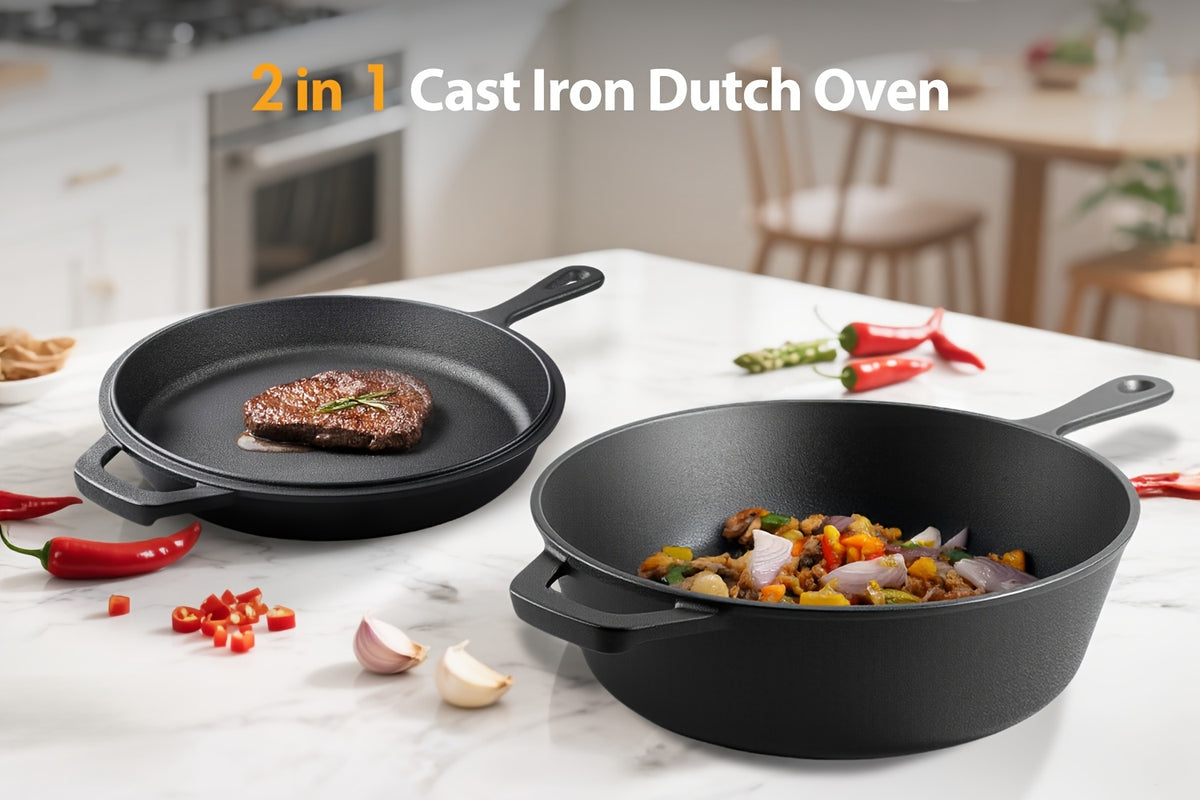 Pre-Seasoned Cast Iron Dutch Oven & Frying Pan Set – 2-in-1 Deep Pan + Skillet for Baking, BBQ, Stovetop & Induction | Indoor & Outdoor Cookware