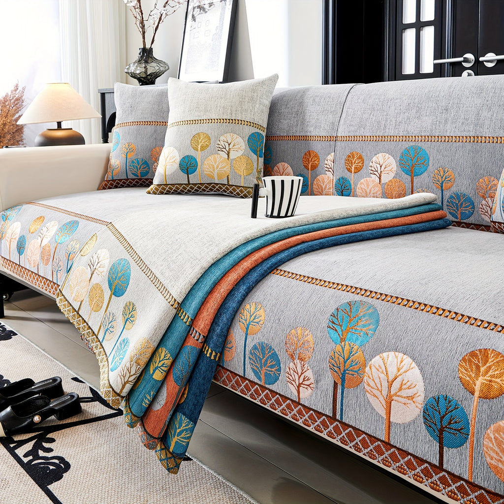 Bohemian Chenille Sofa Cover Tree Embroidery Print Thick Non-Slip Pet Friendly One-Piece Couch Protector Armchair Loveseat 3 4 Seater