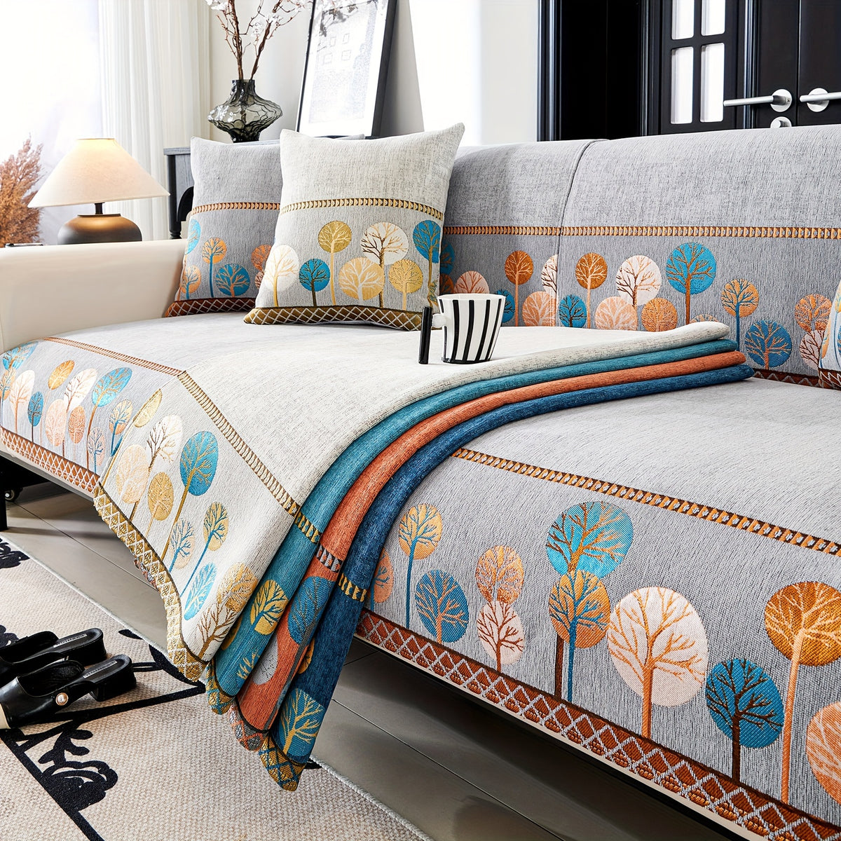 Bohemian Chenille Sofa Cover Tree Embroidery Print Thick Non-Slip Pet Friendly One-Piece Couch Protector Armchair Loveseat 3 4 Seater