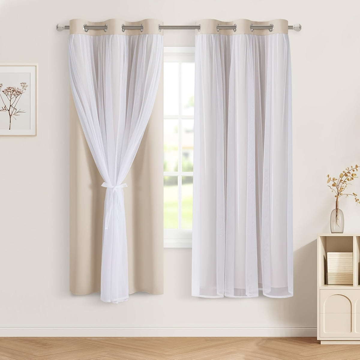 Double Layer Blackout Curtains with Sheer Overlay 2 Panels - Grommet Top Thermal Insulated Mix & Match Window Drapes with Tiebacks for Bedroom Living Room, All Season