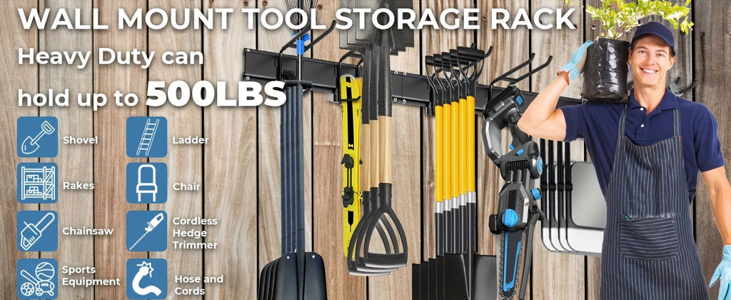 Wall Mount Garage Tool Organizer 48", Heavy Duty Steel Storage Rack with Swivel Lock Hooks, 420lbs Capacity, Holds Brooms, Shovels, Hoses & Garden Tools, Adjustable Pegboard Wall System for Garage & Shed
