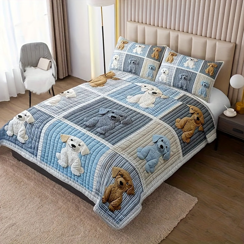 Quilted Bed Cover Set 3 Piece Patchwork Dog Print Quilt with 2 Pillowcases Ultra Soft All-Season Comforter Set Twin Full Queen King