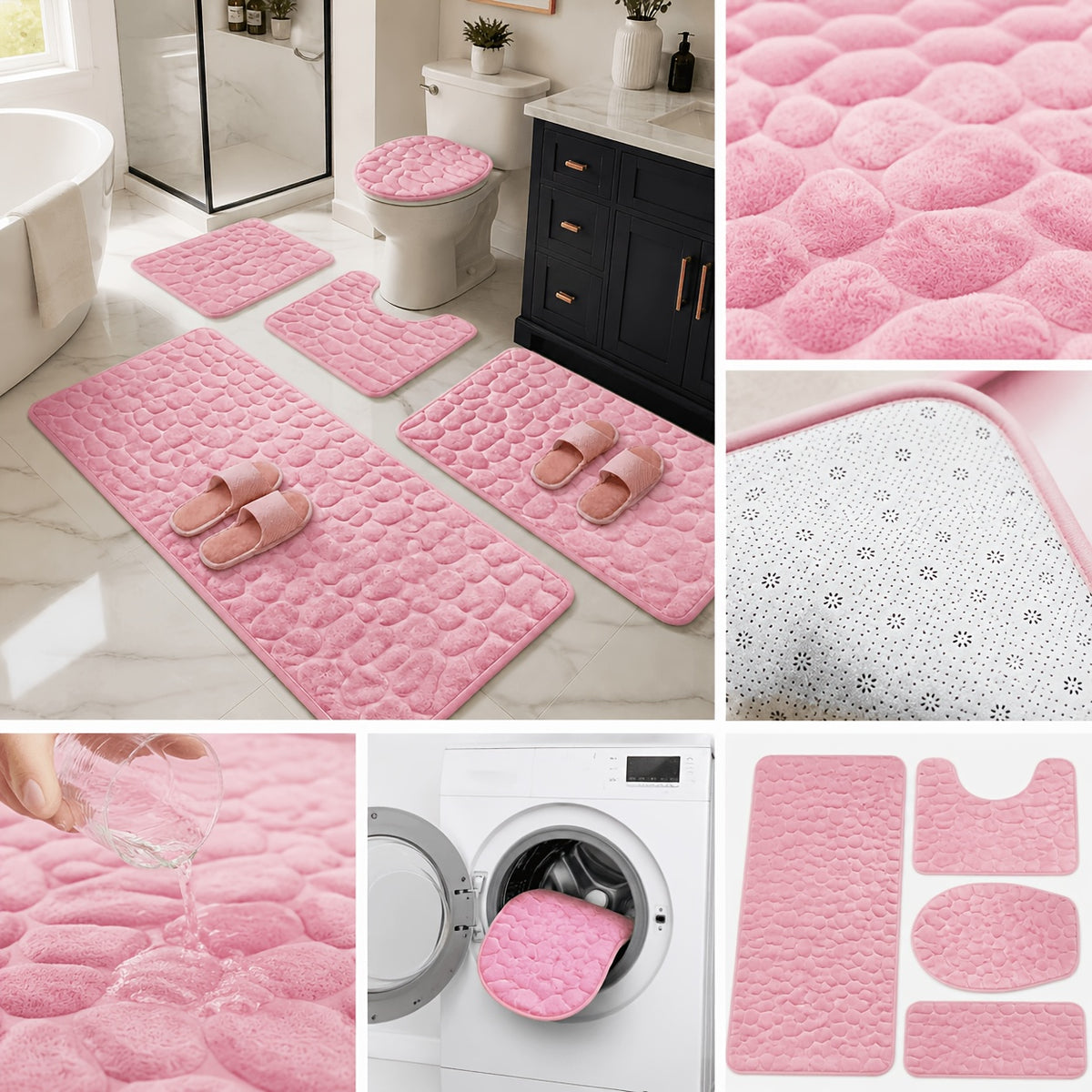 Super Absorbent Bath Mat Set 5 Piece Non-Slip Ultra Soft Bathroom Rugs, Premium Floor Mats for Bathtub Shower Vanity, 4 Colors Available
