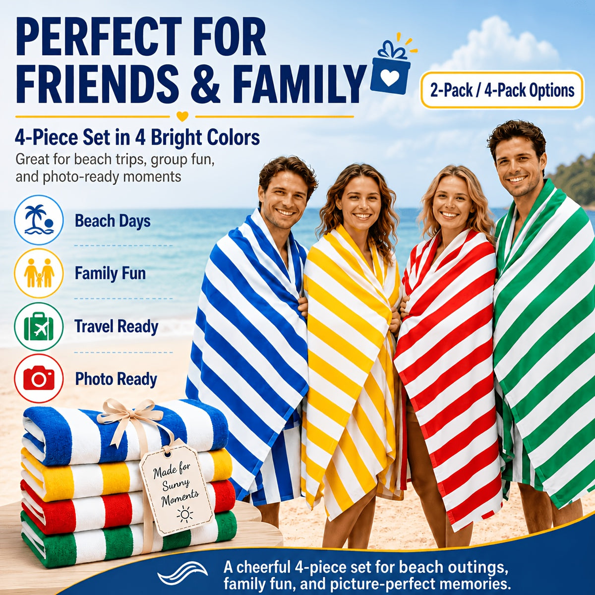 Oversized Striped Beach Towels 2 or 4pcs – Ultra-Soft Quick-Dry Sand-Free Vacation Design | Multiple Colors | Great for Beach, Swim, Travel, Yoga, Camping & Bath