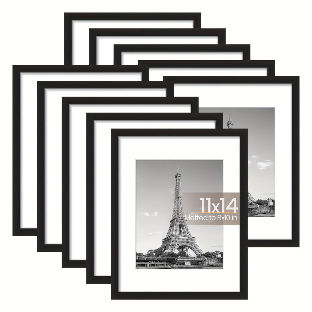Black Picture Frames 11x14 Bulk Set 10pcs – Fits 8x10 with Mat or 11x14 Without, HD Acrylic Cover, Easy Wall Mounting, Multi Photo Frame Collage for Home, Office & Gallery Wall Display