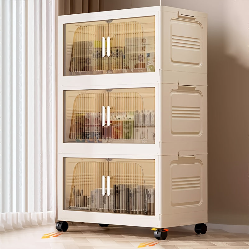 Stackable Foldable Storage Cabinet with Lids – Rolling Wardrobe Organizer 3/4/5/6 Tier with Magnetic Doors, 360° Wheels & Handles for Bedroom, Closet, Kitchen & Office