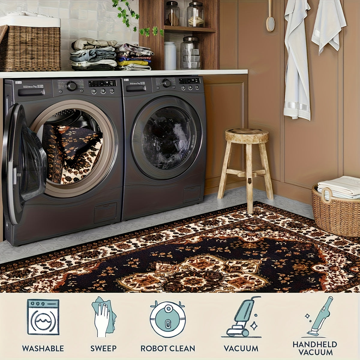 Persian Bohemian Luxury Area Rug Soft Fluffy Anti-Slip Machine Washable – Vintage Plush Living Room Bedroom Rug for Modern & Traditional Decor – 4 Sizes