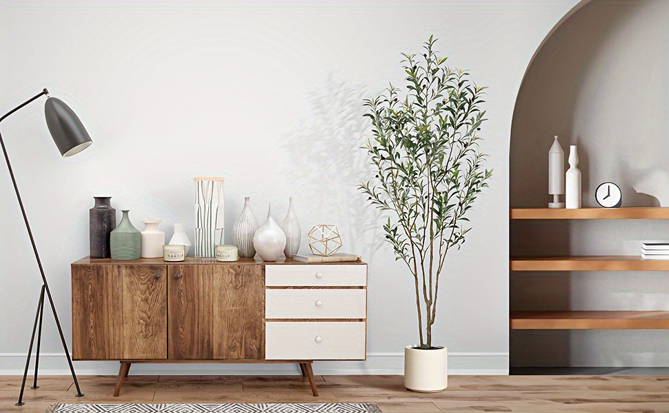 Faux Olive Tree in White Pot – 5/6/7 Ft Multi-Trunk Tall Artificial Olive Plant with 450/630/810 Lifelike Leaves & Fruits, Perfect for Indoor Outdoor Living Room Home Office Holiday Decor