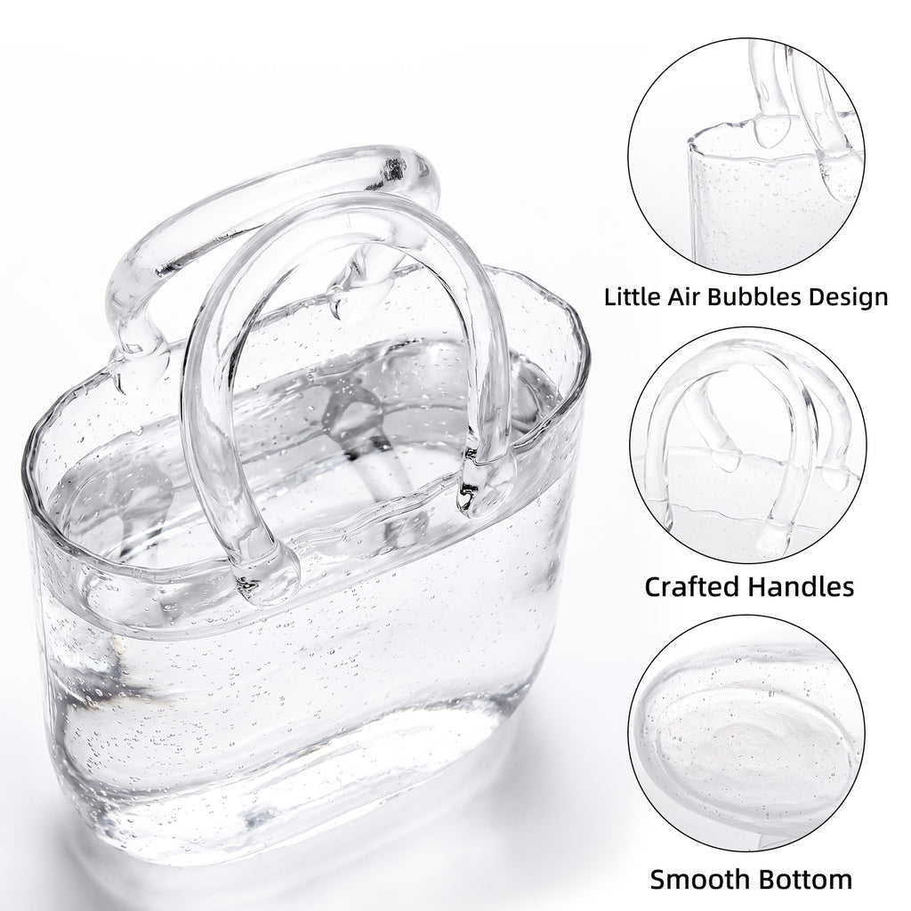 Glass Purse Vase Glow in the Dark with Bubble Handle Clear Bag Shape Flower Vase 7.7x3.9x10.4in Unique Centerpiece for Wedding Table Christmas Home Decor