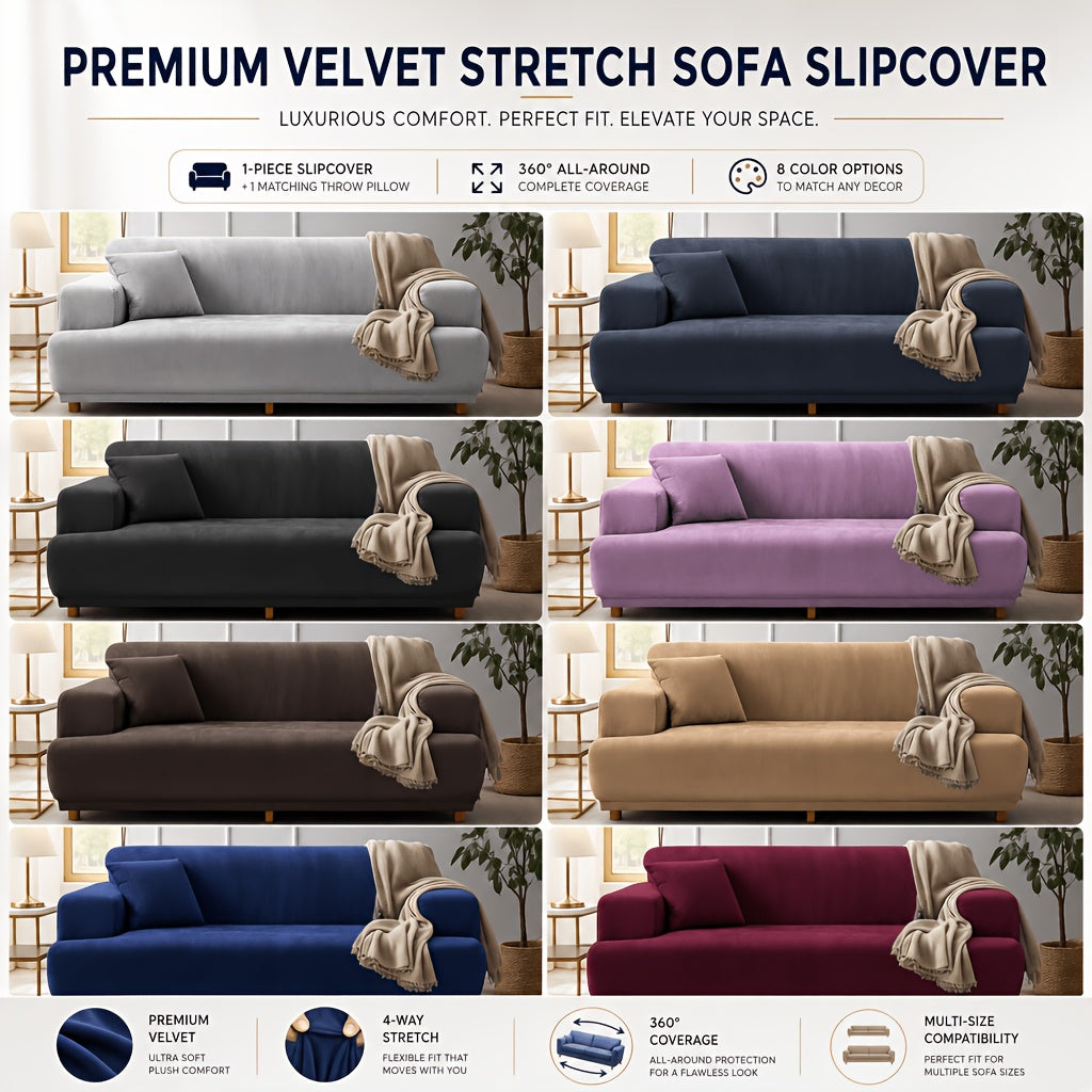 Velvet Stretch Sofa Cover Slipcover – Thick High-Elasticity Plush Couch Cover for L-Shape 1 2 3 4 Seater, Polyester Spandex Furniture Protector with Pillowcase for Living Room