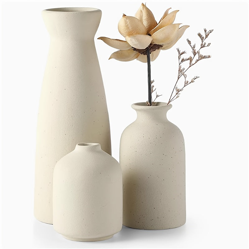 Boho Ceramic Vase Set 3pcs Matte Nordic Minimalist Geometric & Floral Designs, Decorative Vases for Living Room, Entryway, Bookshelf, TV Console & Bathroom Vanity, Holiday & Birthday Gift