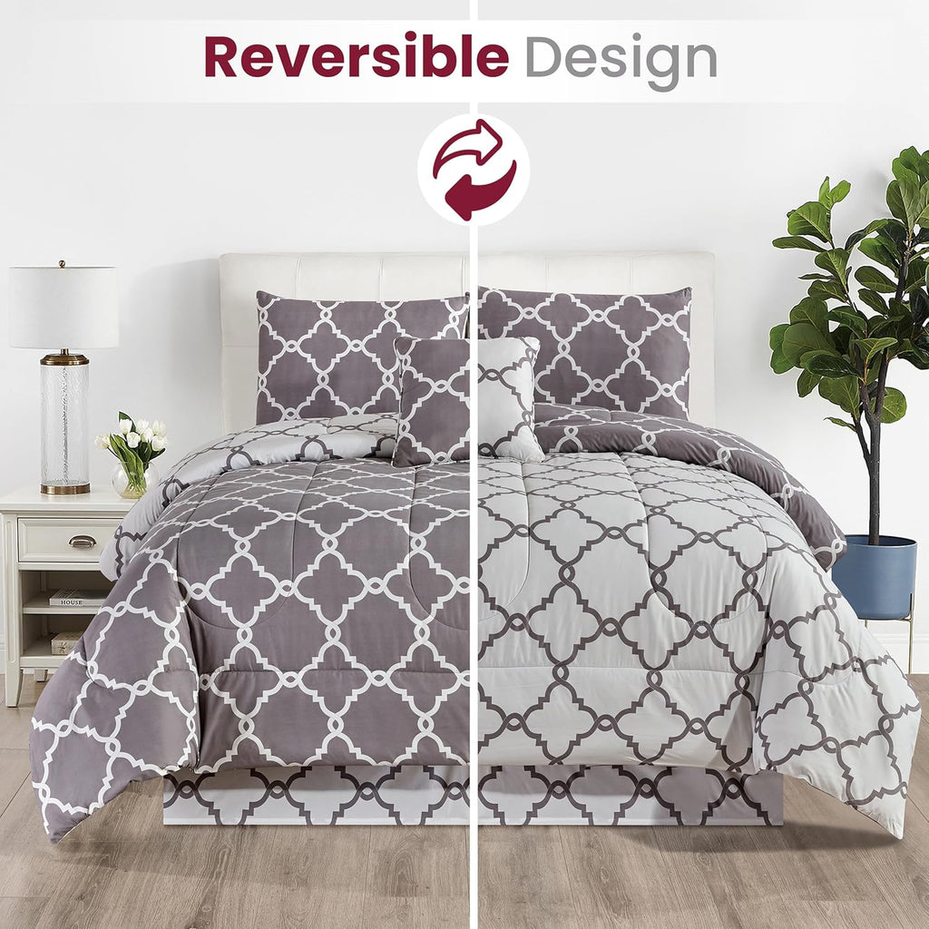 5-Piece Comforter Set – Reversible Quilted Down Alternative Bedding Set with Pillow Shams, Bed Skirt & Cushion | All Season | Twin, Queen, King