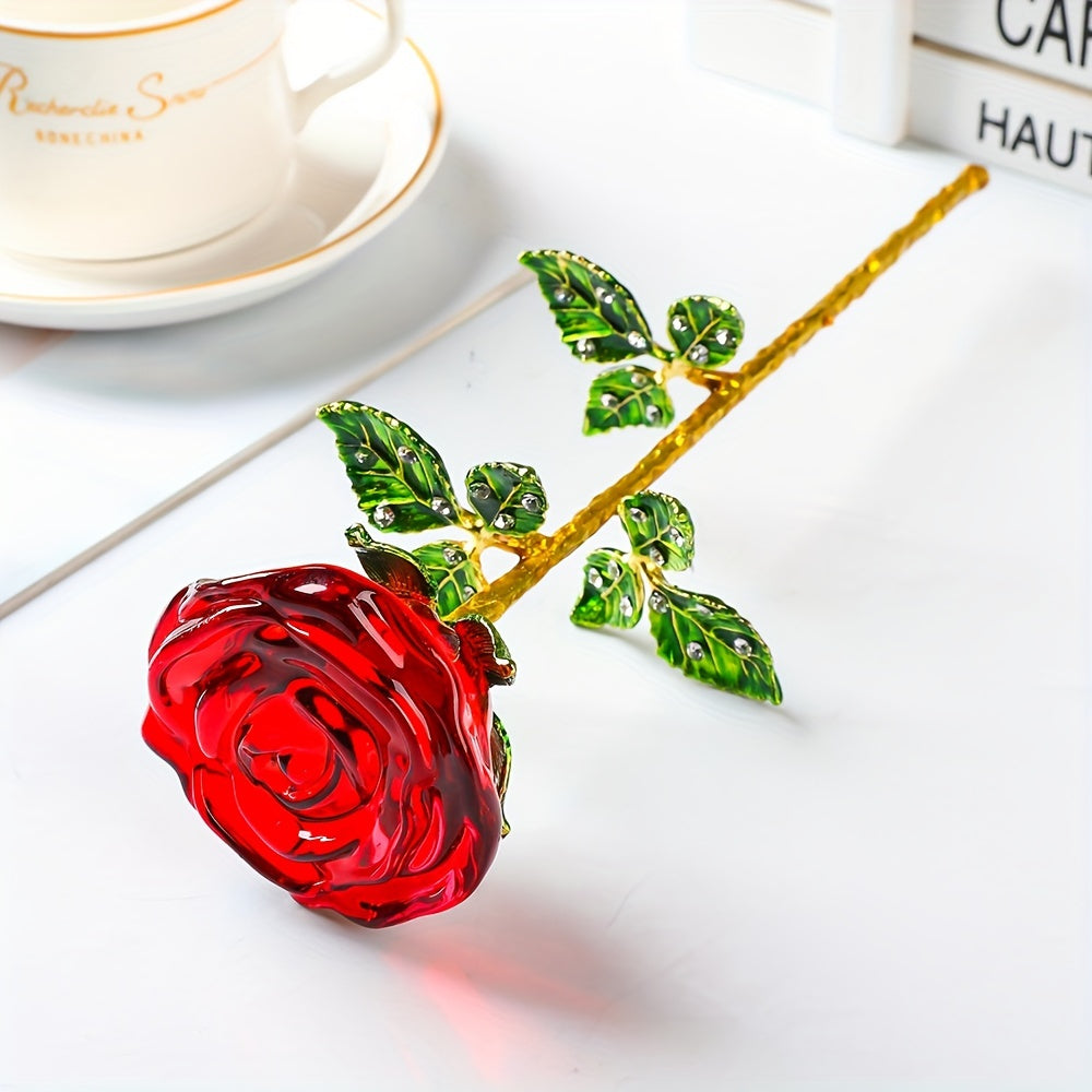 Crystal Rose Decorative Accent Flower Sculpture, Single Stem Glass Rose Home Decor Ornament, Indoor Outdoor Room Decoration, Valentine's Day Christmas Birthday Gift for Her Him – 4 Colors