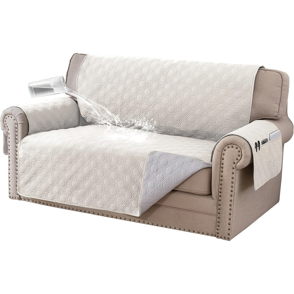 Liquid-Resistant Sofa Cover with Pocket, Geometric Pattern Couch Slipcover Furniture Protector for Pets, Washable Thick Soft 1 2 3 4 Seat Sizes Chair Loveseat Sofa