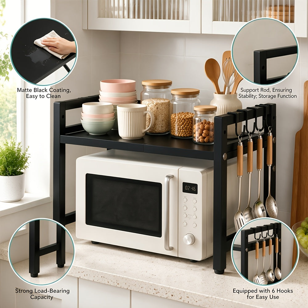 Microwave Oven Rack Expandable Countertop Shelf – Heavy Duty Carbon Steel Stand with 6 Hooks, Adjustable Height & Width, Dust Cover Included