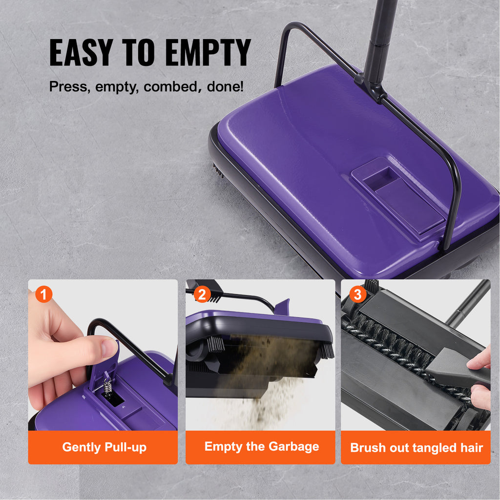 Manual Carpet Sweeper No Battery Needed 300ml Dustbin 180° Rotating Head Floor Sweeper for Carpet Hardwood Tile Pet Hair Home Office