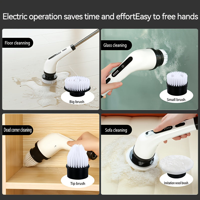 Electric Rotary Scrubber Cordless with 8 Replaceable Brush Heads – Dual Speed USB Rechargeable Power Scrubber, Adjustable Detachable Handle, Swivel Head for Bathroom, Bathtub, Tile, Floor & Shower Cleaning