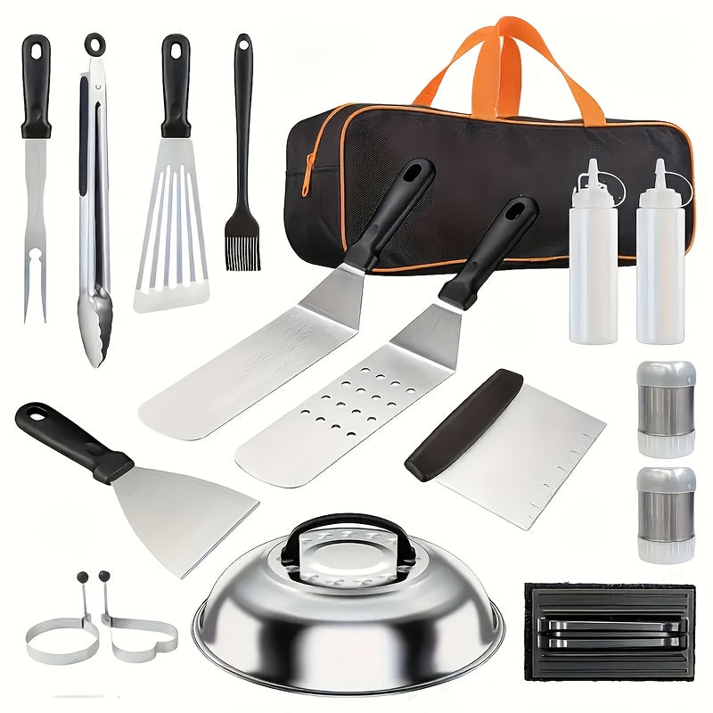 BBQ Grill Tool Set with Cast Iron Meat Press & Meat Thermometer - Complete Outdoor Barbecue Accessories Kit for Teppanyaki Grilling, Backyard Parties & Father's Day Gift