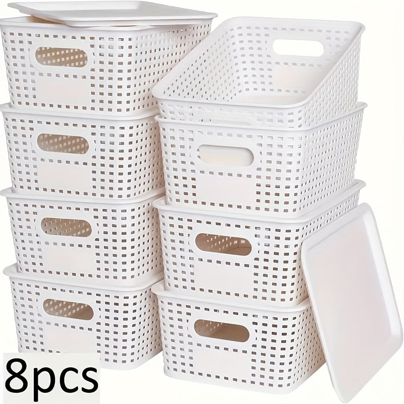 Plastic Storage Basket Set of 8 with Lids - Desktop & Shelf Organization Bins for Documents, Office, Home & Bedroom Storage, Multi-Functional Stackable Baskets - Grey, Black & White