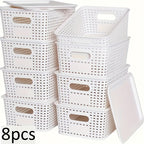 Plastic Storage Basket Set of 8 with Lids - Desktop & Shelf Organization Bins for Documents, Office, Home & Bedroom Storage, Multi-Functional Stackable Baskets - Grey, Black & White